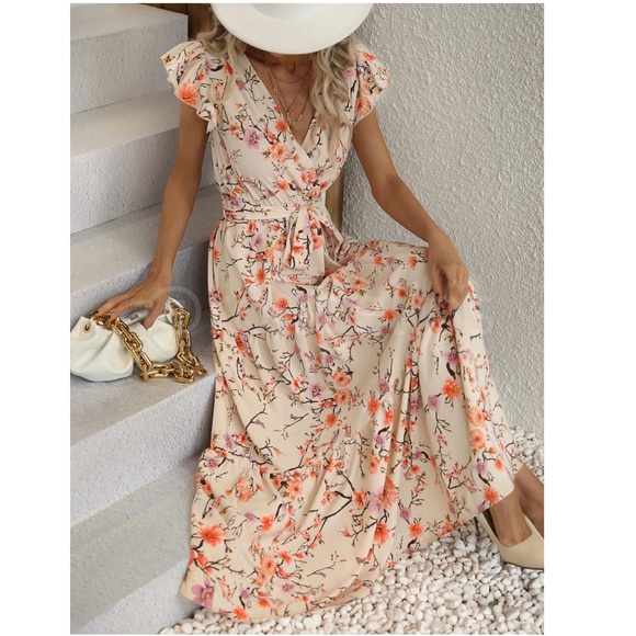 Rouge! Dresses & Skirts - Floral Dress Surplice Overlapping V Neck Fit & Flare Maxi Long  Beige Tie Belt